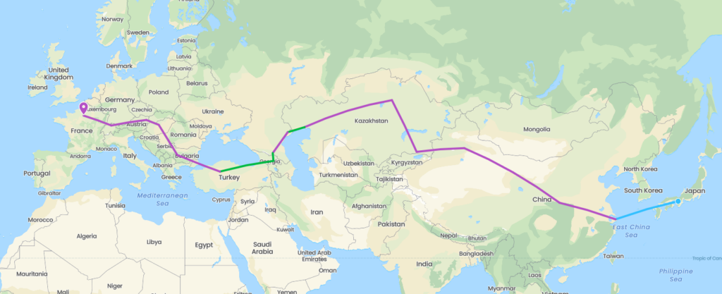 Carte du trajet retour Japon-France par la terre sans avion