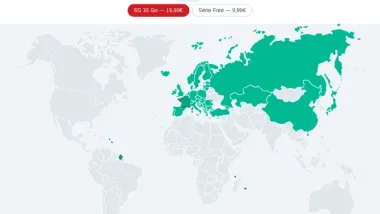 Carte interactive de la couverture des forfaits mobiles français dans le monde - Free 5G sélectionné avec 43 pays couverts