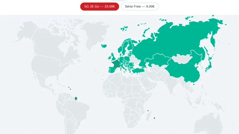 Carte interactive de la couverture des forfaits mobiles français dans le monde - Free 5G sélectionné avec 43 pays couverts